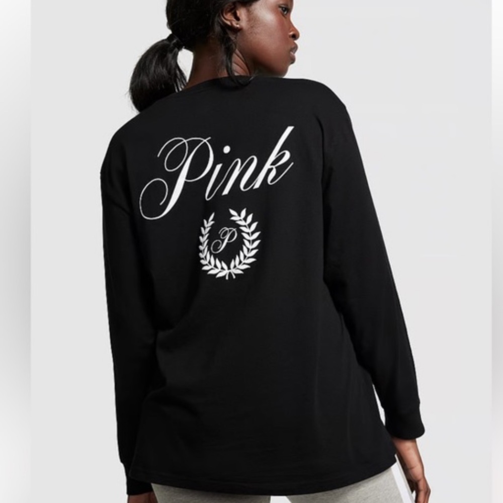 PINK Victoria's Secret Black oversized campus shirt long sleeves crest logo XS